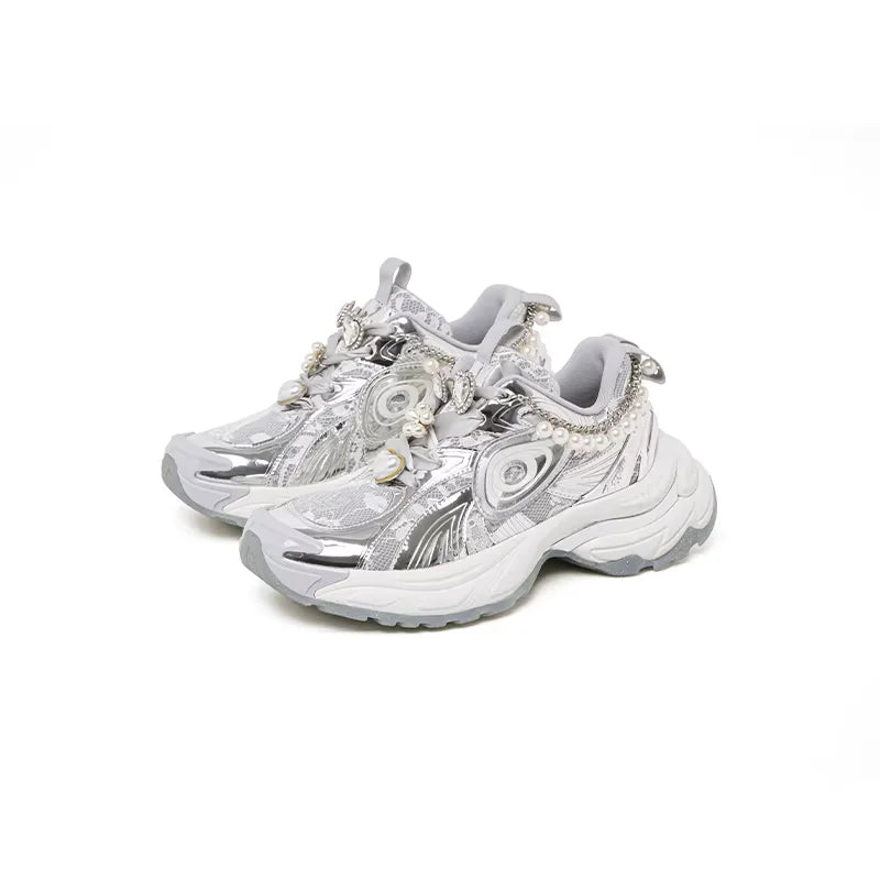OLDORDER Metallic Silver Height-Increasing Sneakers with Decorative Accents