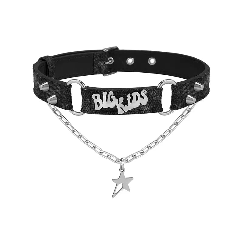 BLACKHEAD Dreamcore Denim Choker Necklace with Spikes and Letter Charm
