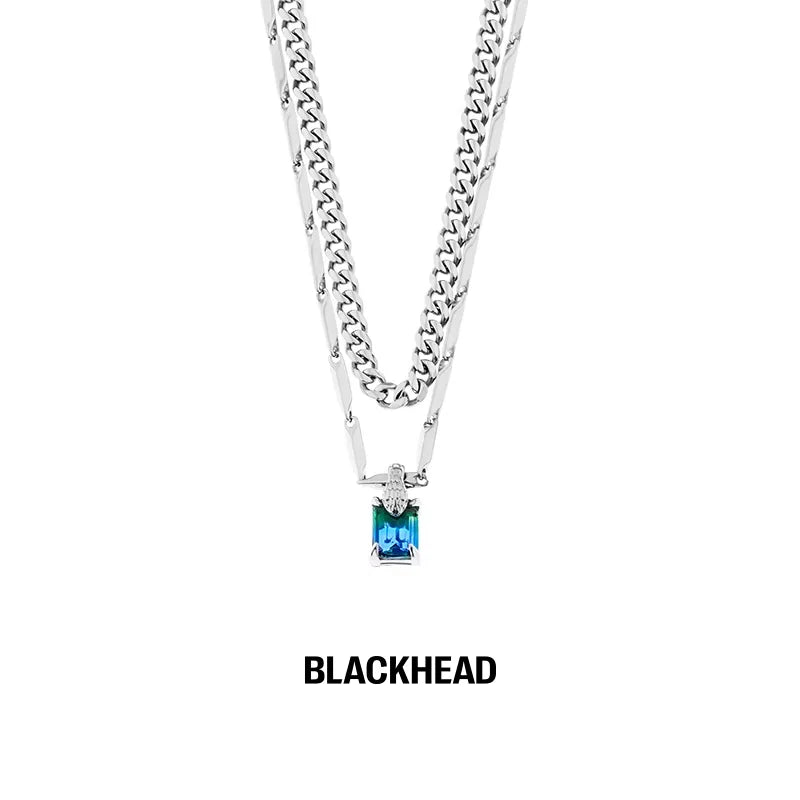BLACKHEAD Men's Double Layer Necklace with Blue-Green Gemstone Pendant