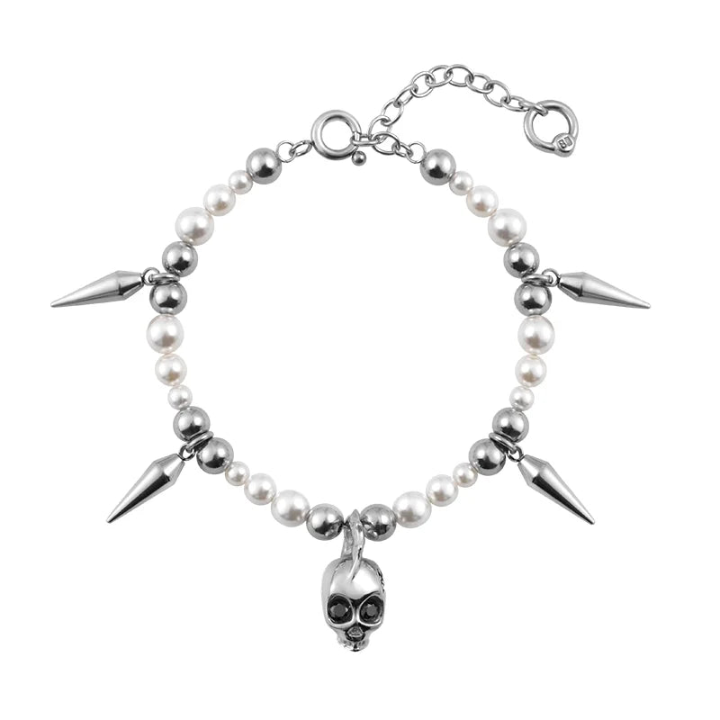 BLACKHEAD Skull and Spike Beaded Bracelet with Pearls and Silver Accents