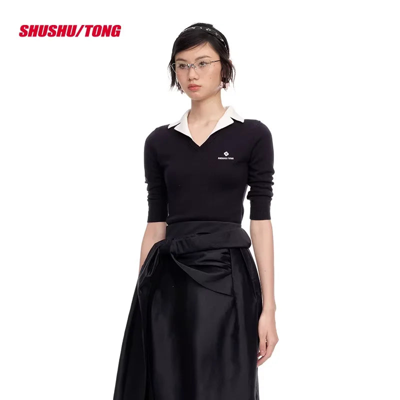 shushutong Elegant Women's Patchwork Lapel Knit Sweater