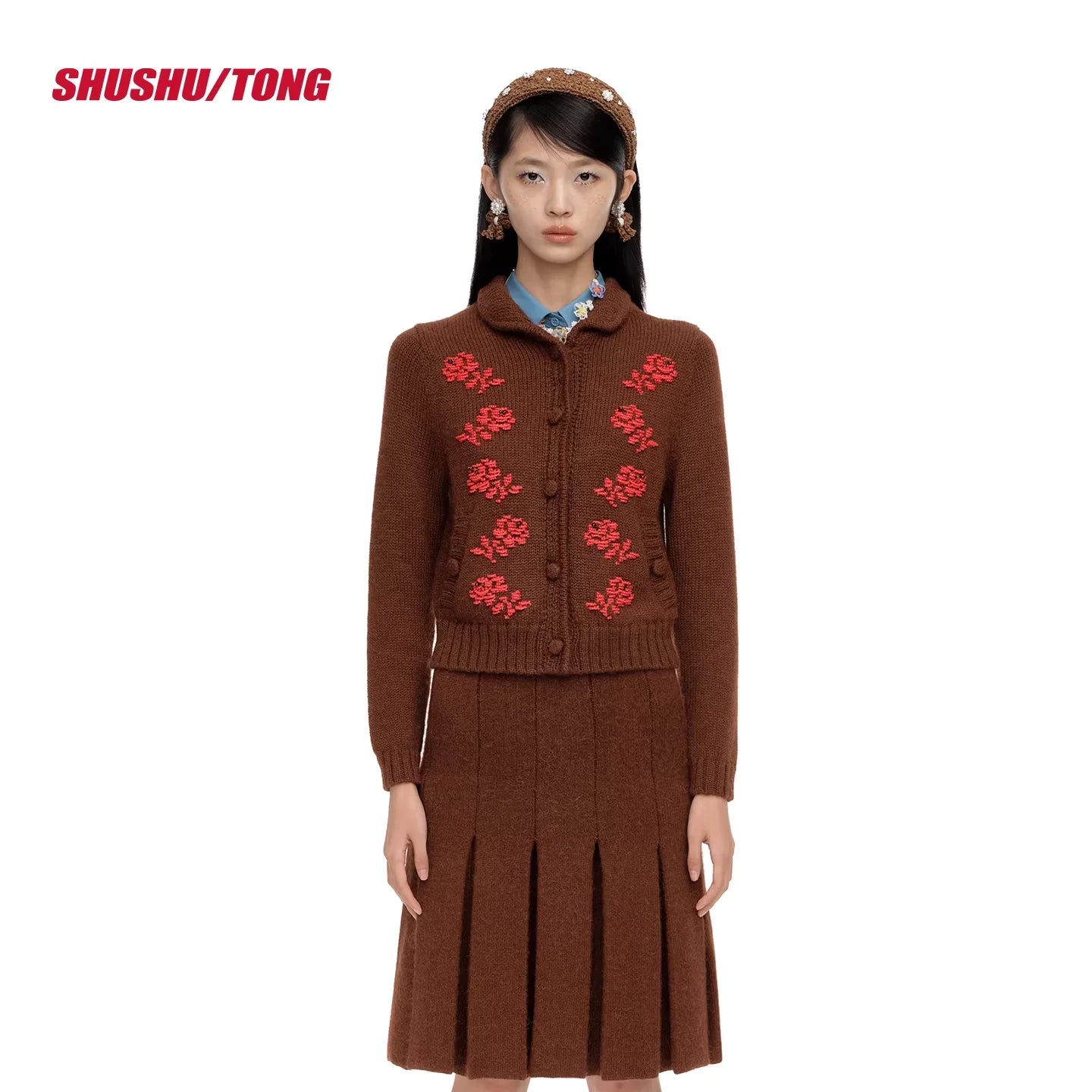 shushutong Women's Embroidered Beaded Knit Cardigan and Skirt Set