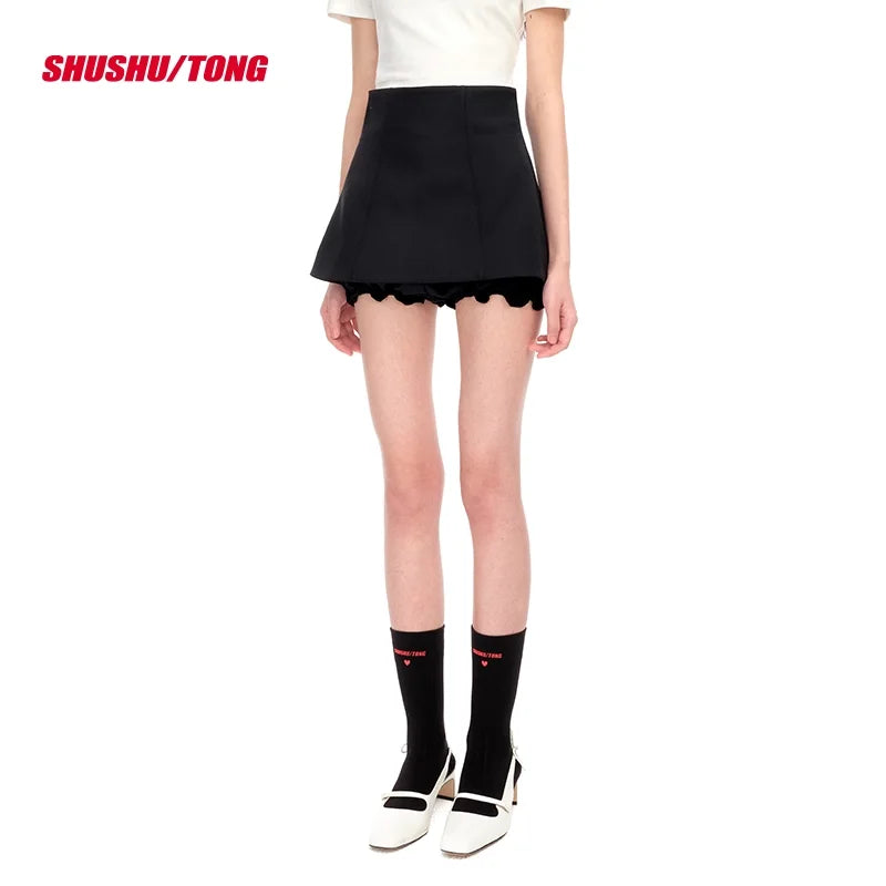 shushutong Women's High Waist A-Line Mini Skirt Pants with Back Zipper and Ruffled Detail