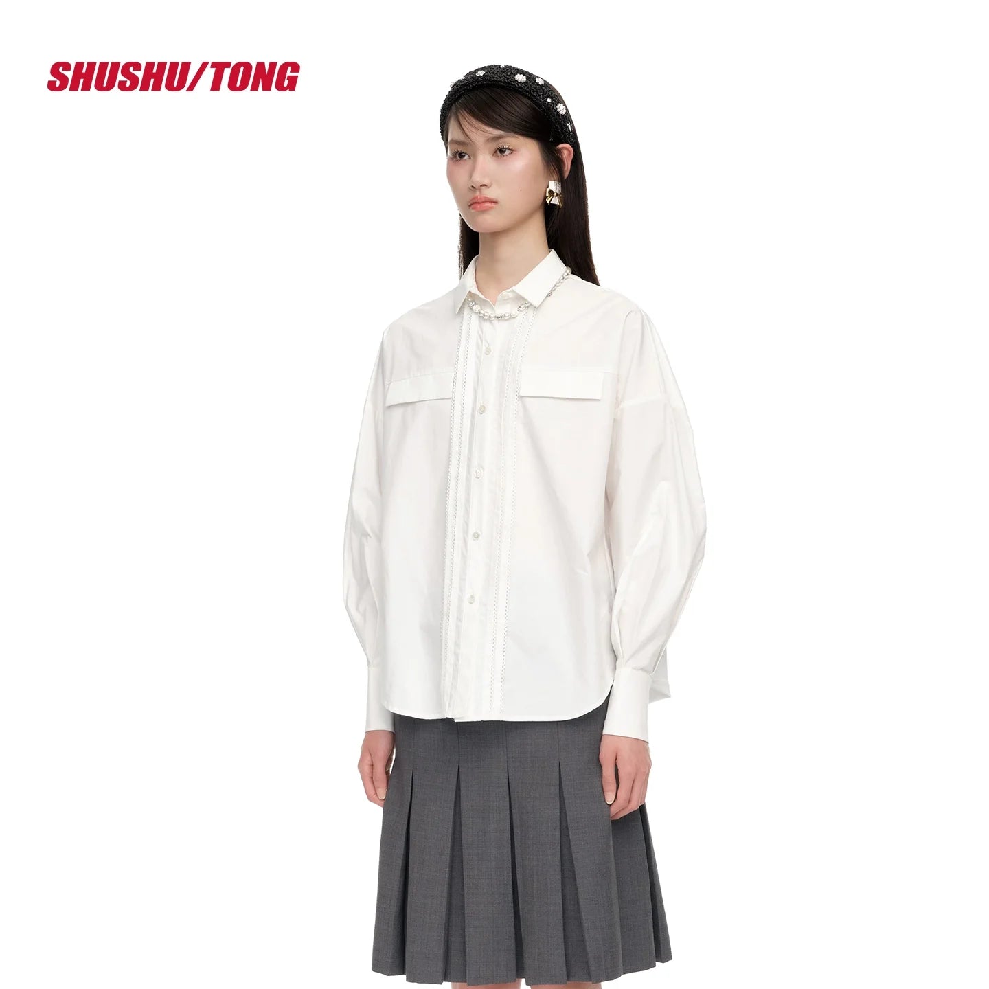 shushutong 冬季塔克花边设计衬衫