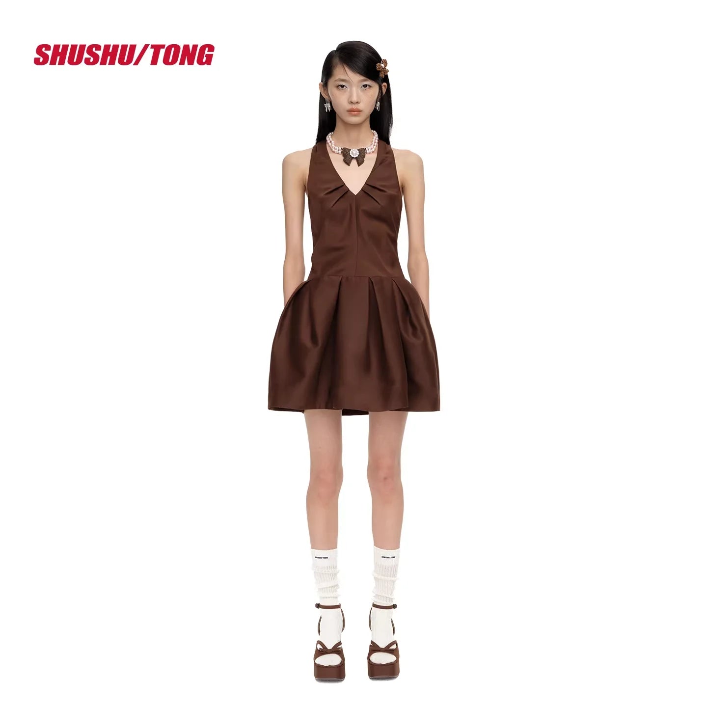 shushutong Winter Pleated Halter Mini Dress
