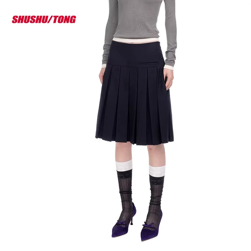 shushutong Women's High-Waisted Pleated A-Line Skirt