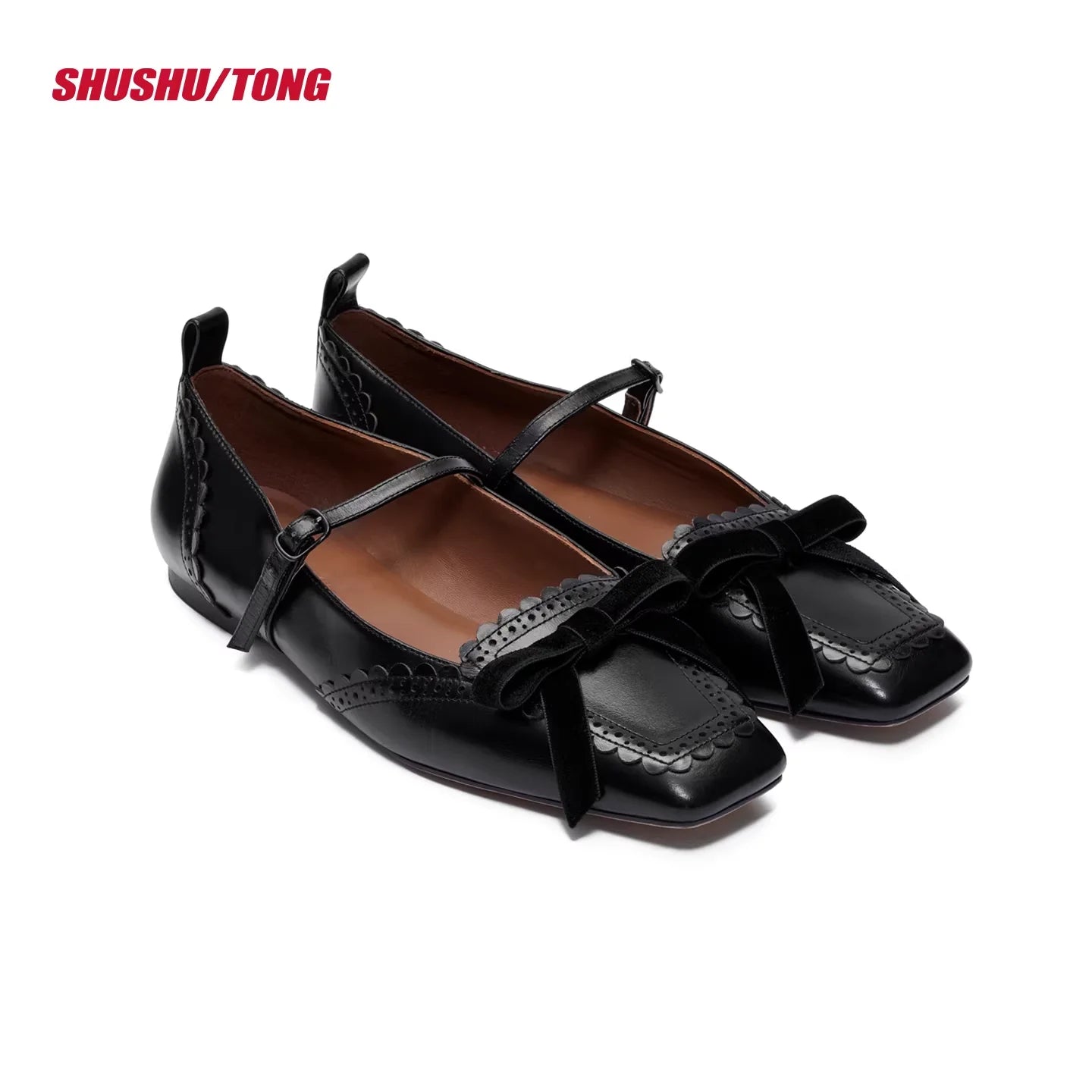 shushutong Women's Square-Toe Mary Jane Flats with Bow Detail