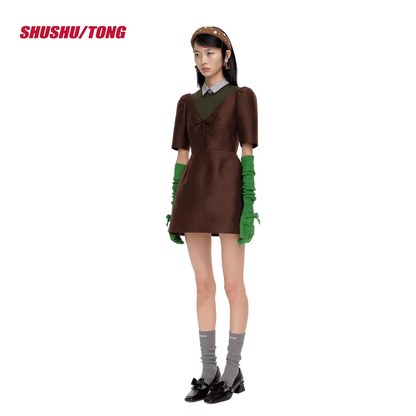 shushutong Winter V-Neck Puff Sleeve A-Line Dress