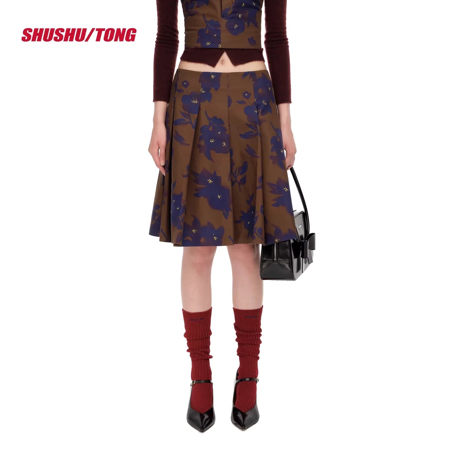 shushutong Winter Patchwork Lace Pleated Skirt Set