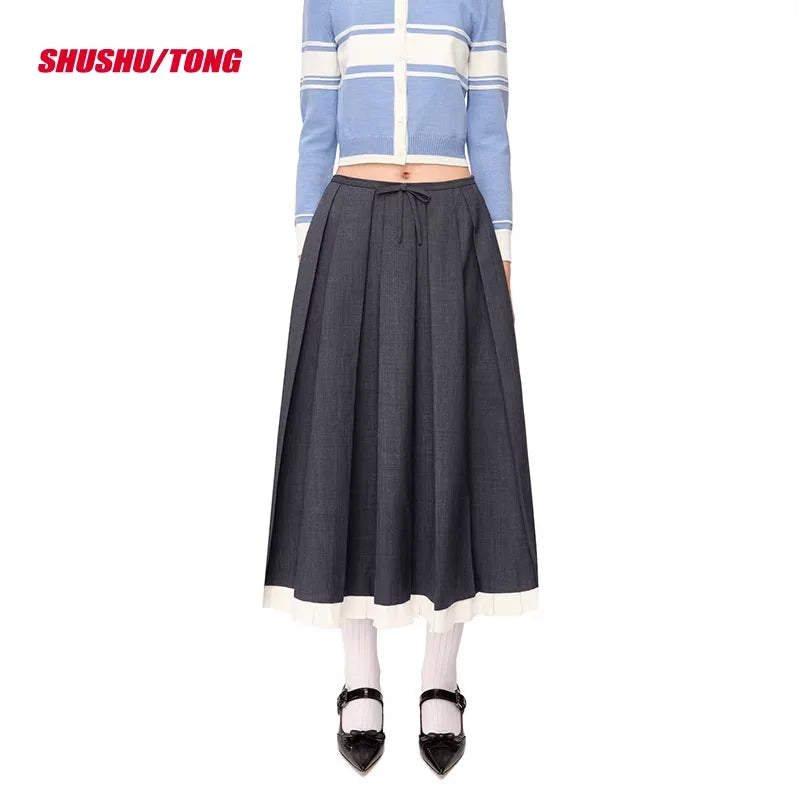 shushutong Women's Pleated Midi Skirt with Ruffled Hem