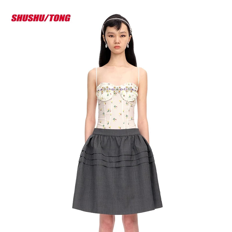 shushutong Strapless Corset Jumpsuit with Lace Trim and Decorative Zipper