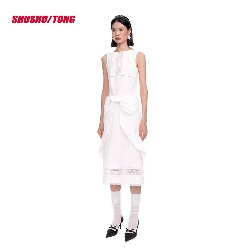 shushutong Women's Elegant Midi Dress with Oversized Bow Detail