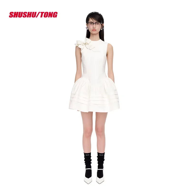 shushutong Elegant Winter Sleeveless Mini Dress with Shoulder Bow