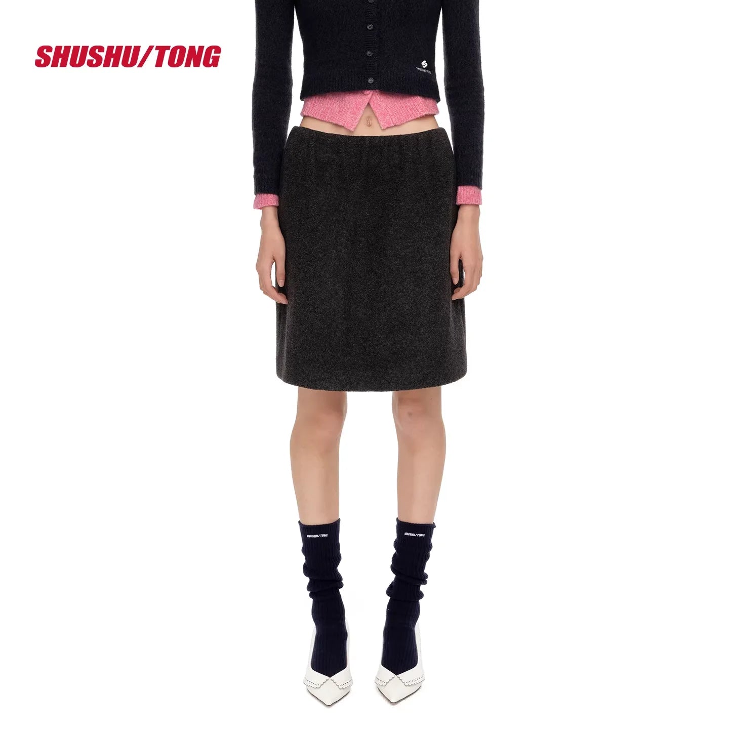 shushutong Winter Suede Ruched Knee-Length Skirt