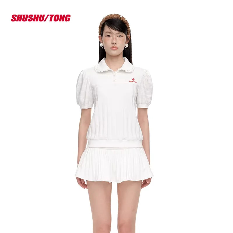 shushutong 2025 Winter Women's Puff Sleeve Polo Top with Scalloped Collar