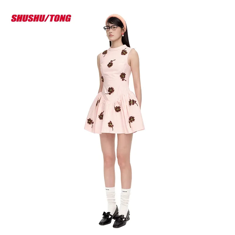 shushutong Elegant Floral Embroidered Ribbon Mini Dress