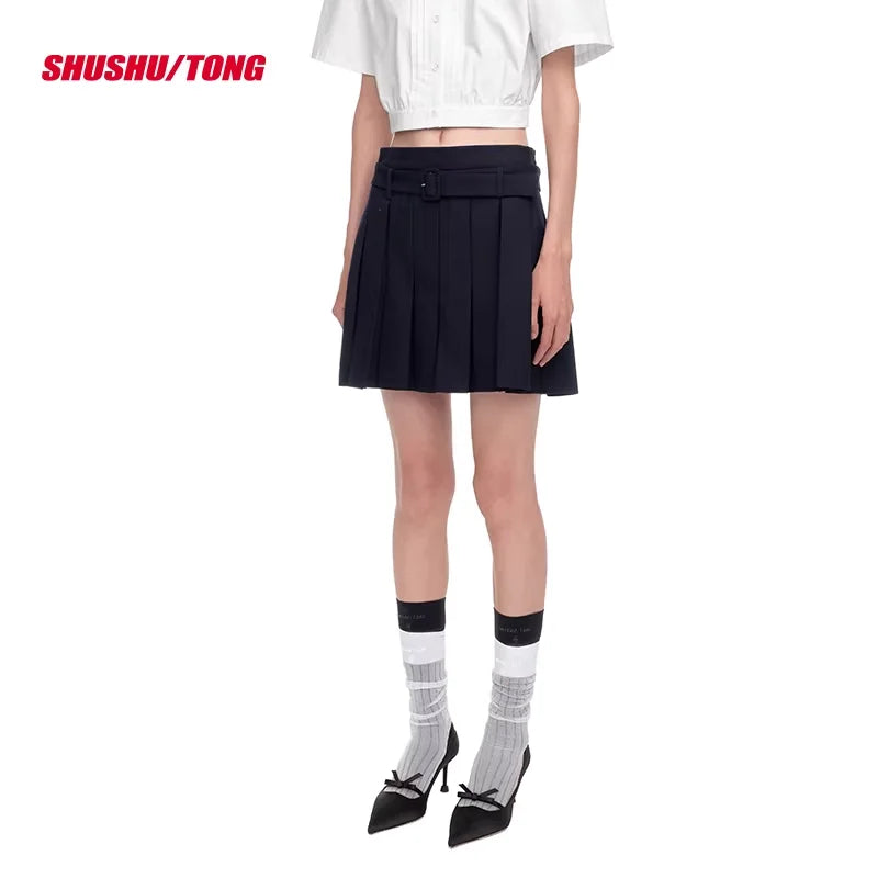 shushutong High-Waisted Pleated A-Line Mini Skirt with Belt