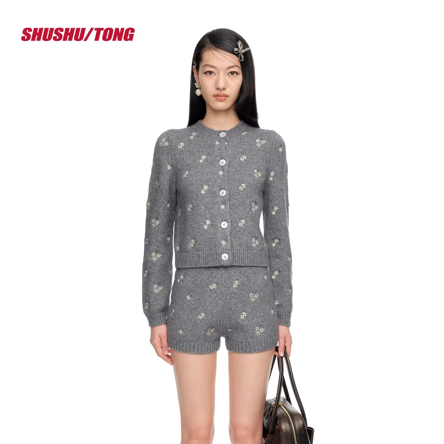 shushutong 2025 Winter Embroidered Knit Cardigan and Shorts Set