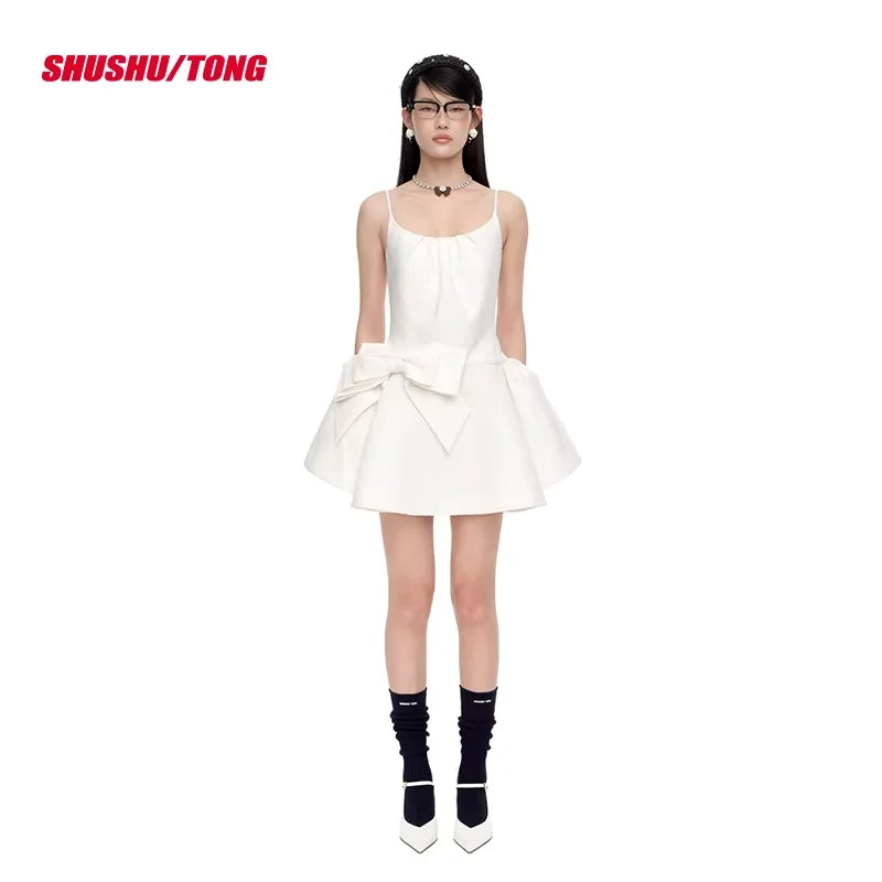 shushutong Winter Spaghetti Strap Dress with Waist Bow