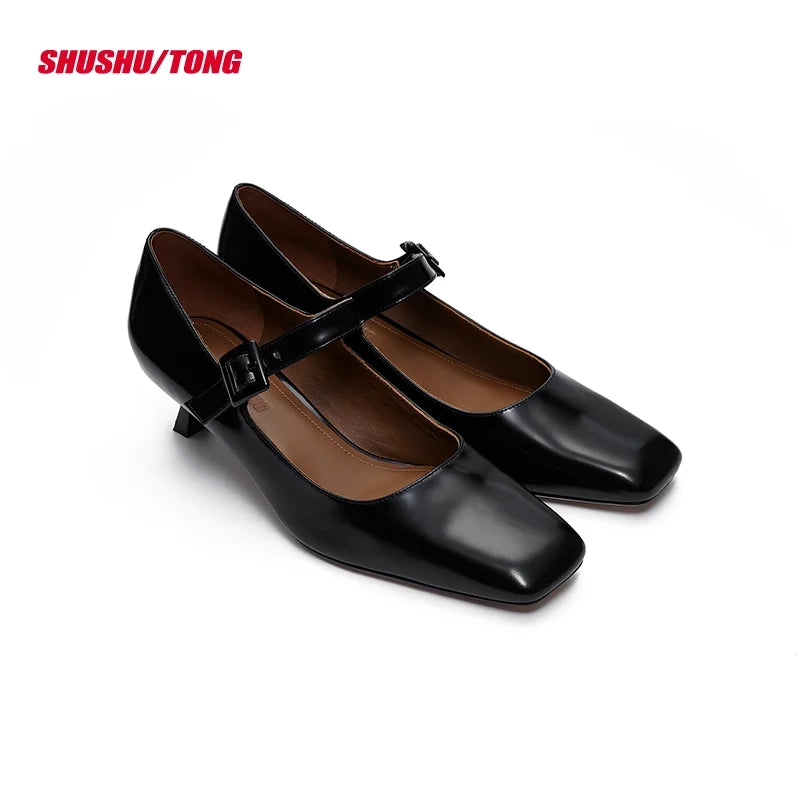 shushutong Mary Jane Square Toe Mid Heel Shoes