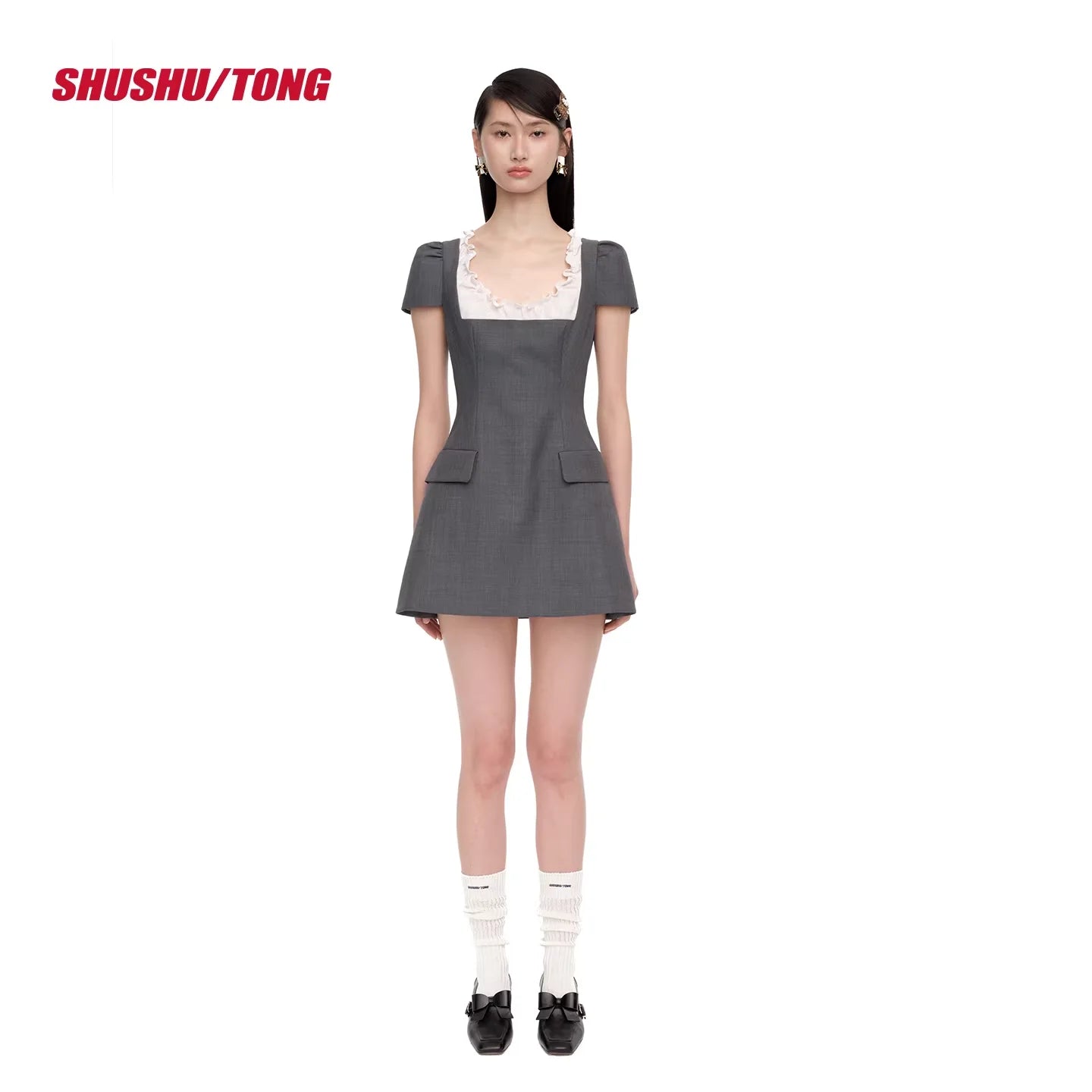 shushutong 2025 Winter Women's Ruffled Puff Sleeve Mini Dress