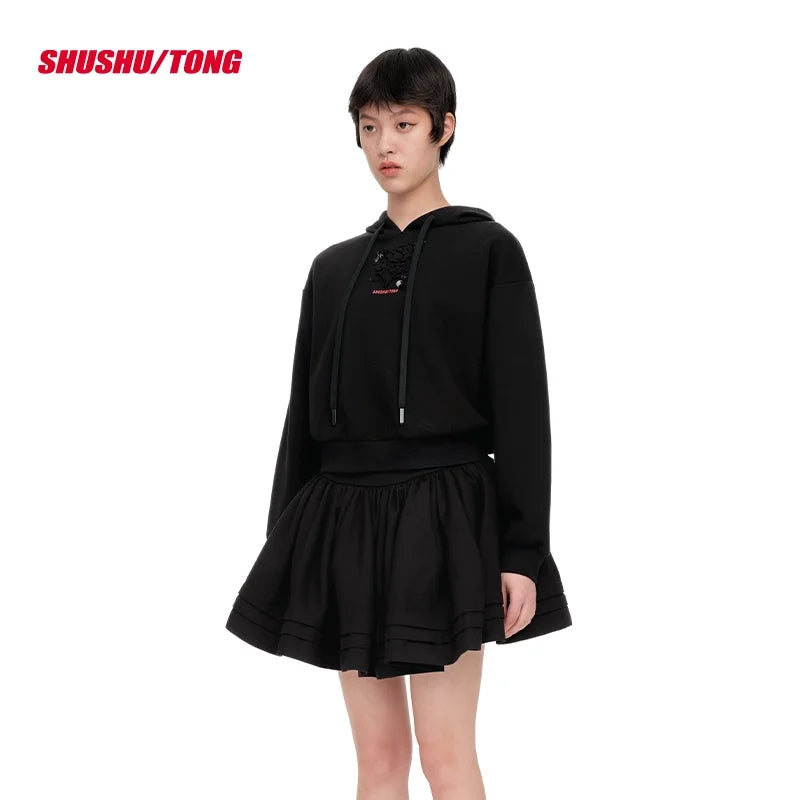 shushutong Women's Lace-Up Hoodie and Tiered Skirt Set
