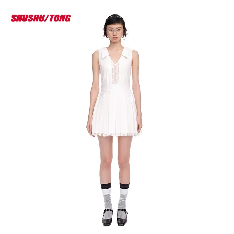 shushutong Elegant Pleated Mini Dress with Lace Collar Detail
