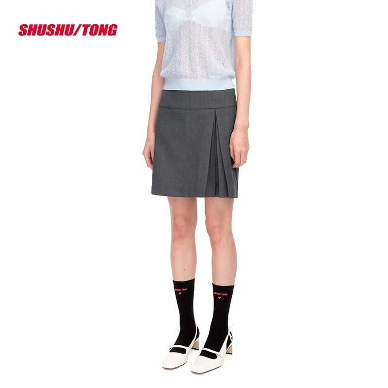 shushutong Women's Side Slit Pleated Mini Skirt