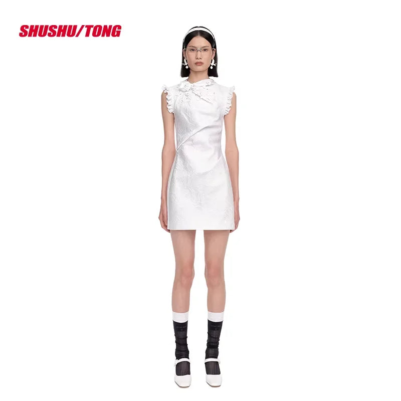 shushutong Elegant Sleeveless Mini Dress with Ruffle Shoulder Detail