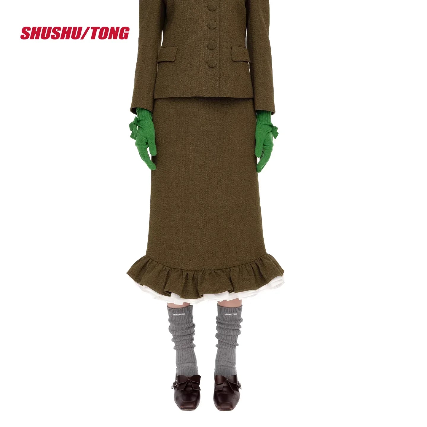 shushutong Winter Ruffled Tulip Midi Skirt