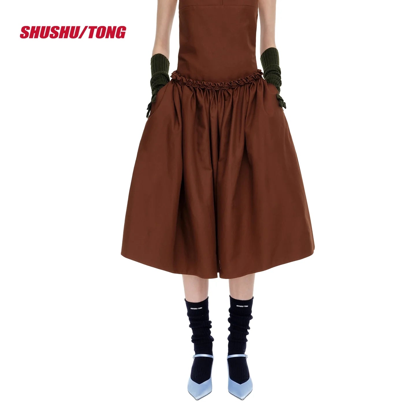 shushutong Winter Hand-Sewn Floral High-Waist Midi Skirt