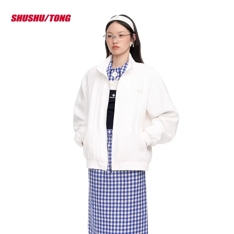 shushutong Women's Casual Zip-Up Jacket with Ribbed Trim