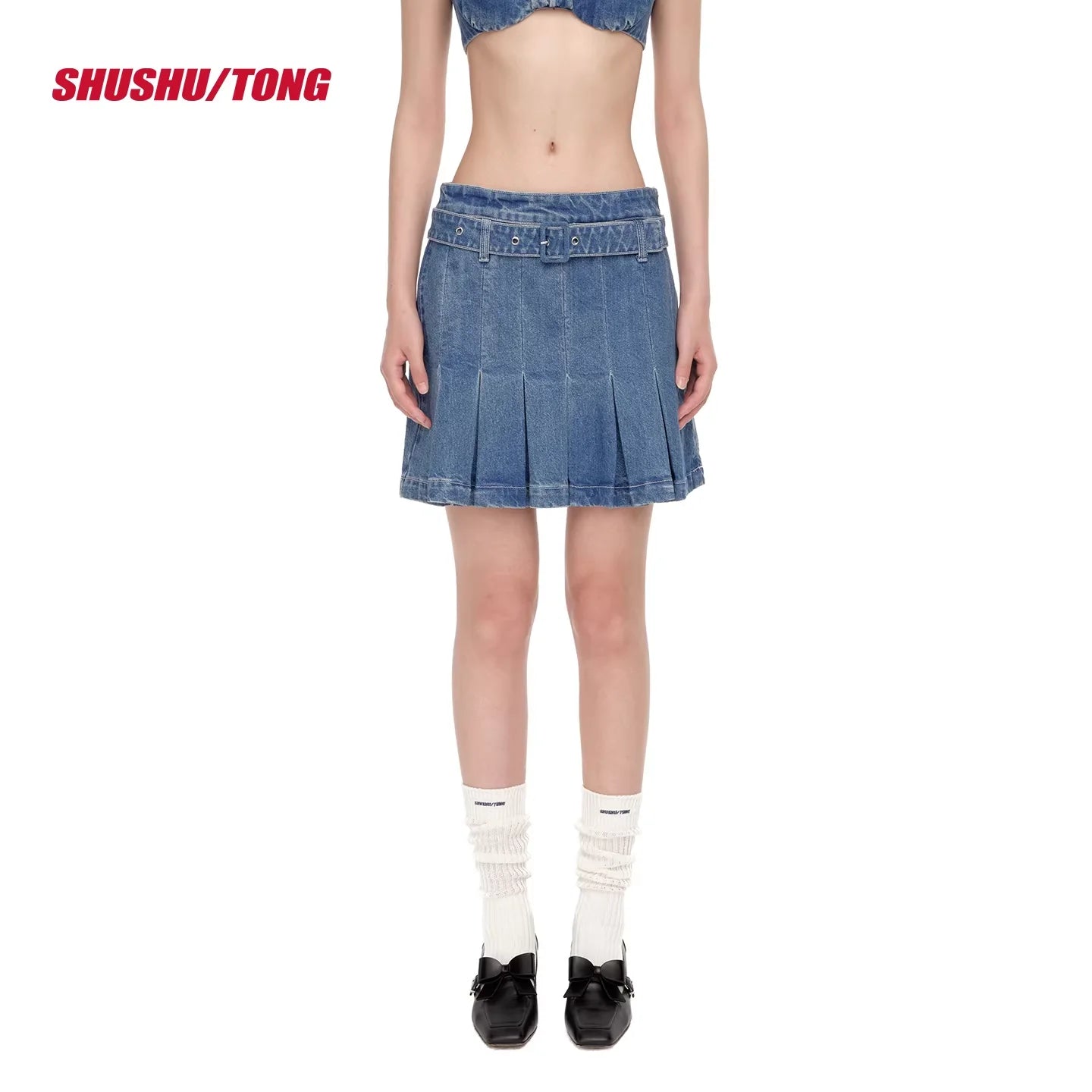 shushutong Women's High-Waisted Pleated Denim Mini Skirt with Belt Detail