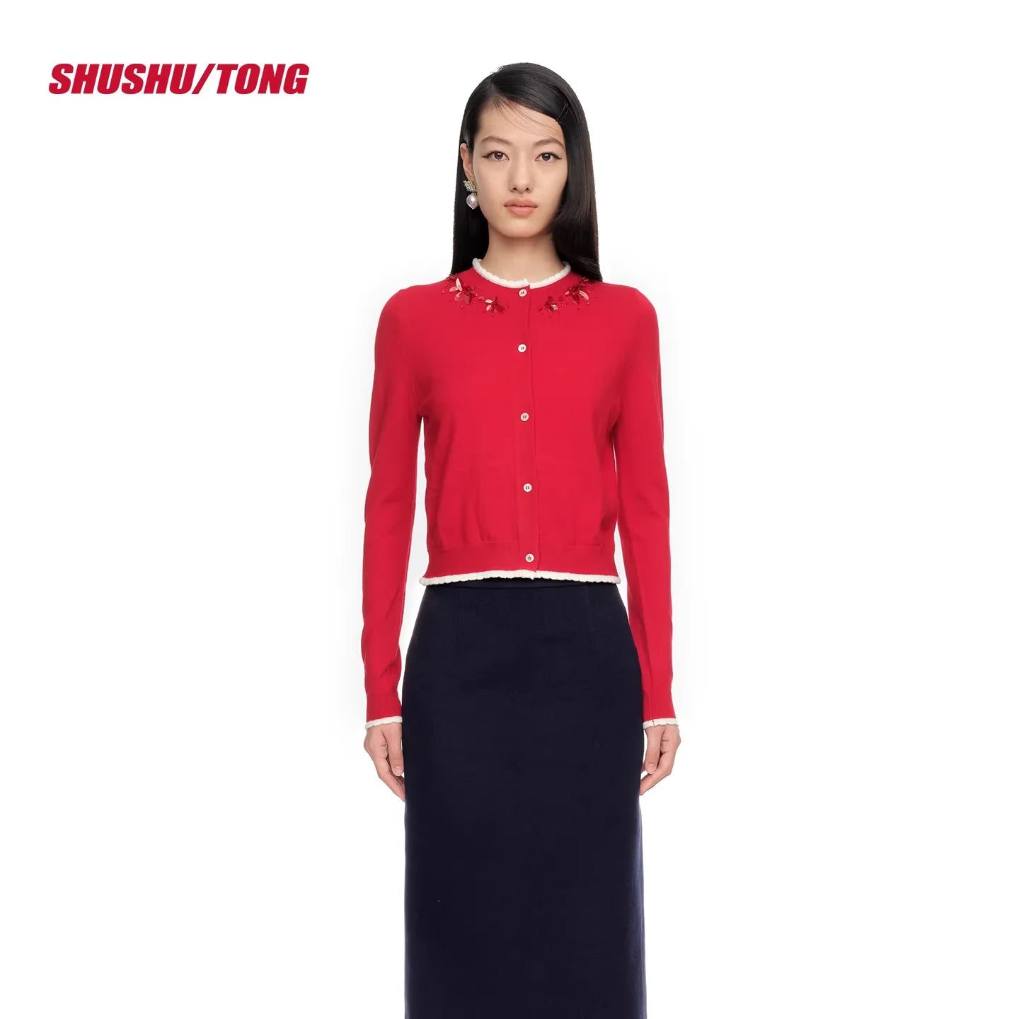 shushutong Spring Summer Elegant Knit Cardigan with Sequin and Embroidery Detail