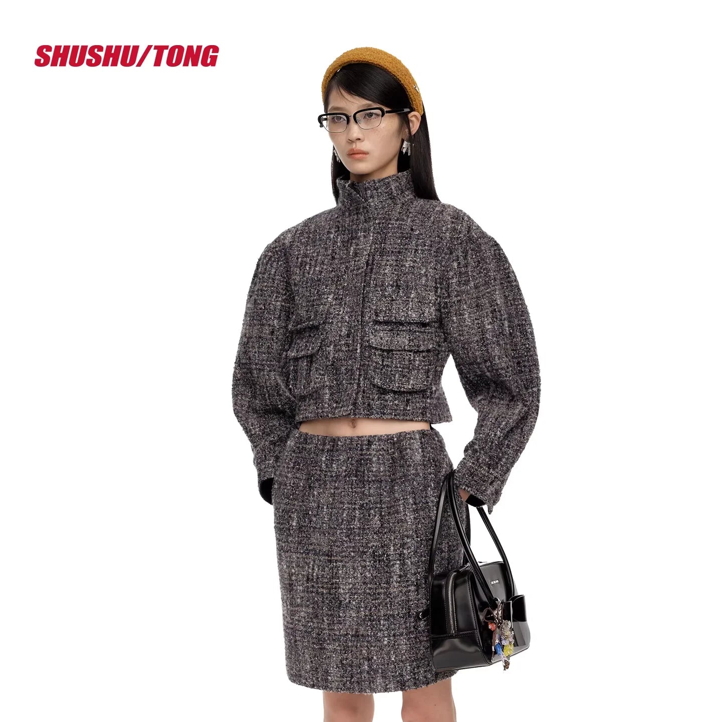 shushutong Women's Cropped Suede Jacket with Flap Pockets and Wide Sleeves