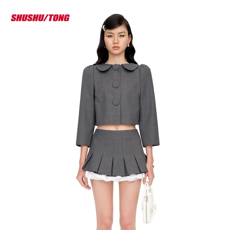 shushutong Women's Elegant Cropped Jacket with Peter Pan Collar