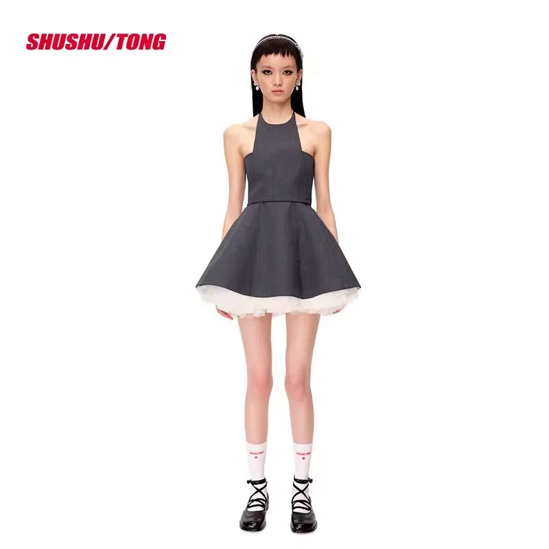 shushutong French-Style Strapless Puff A-Line Mini Dress Set