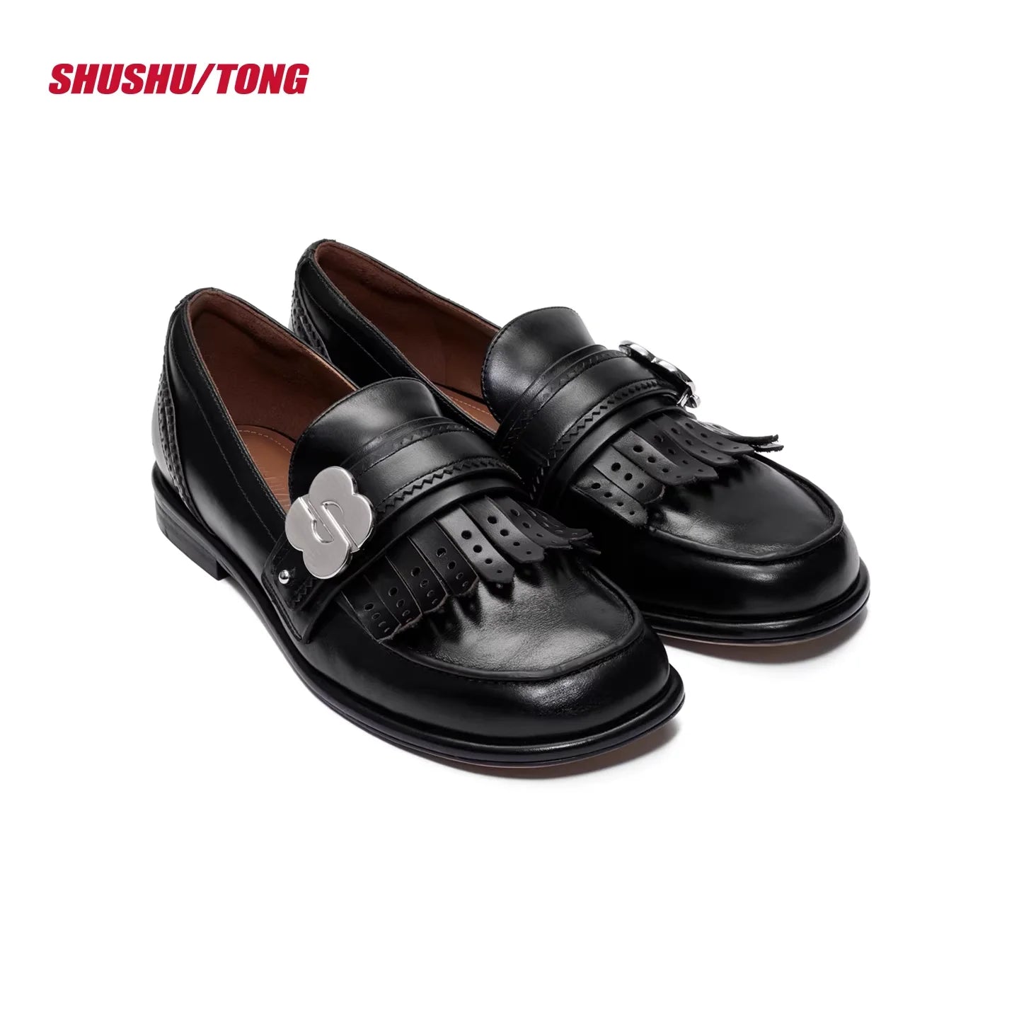 shushutong 2025 Winter Square-Toe Loafers with Fringe and Buckle Detail