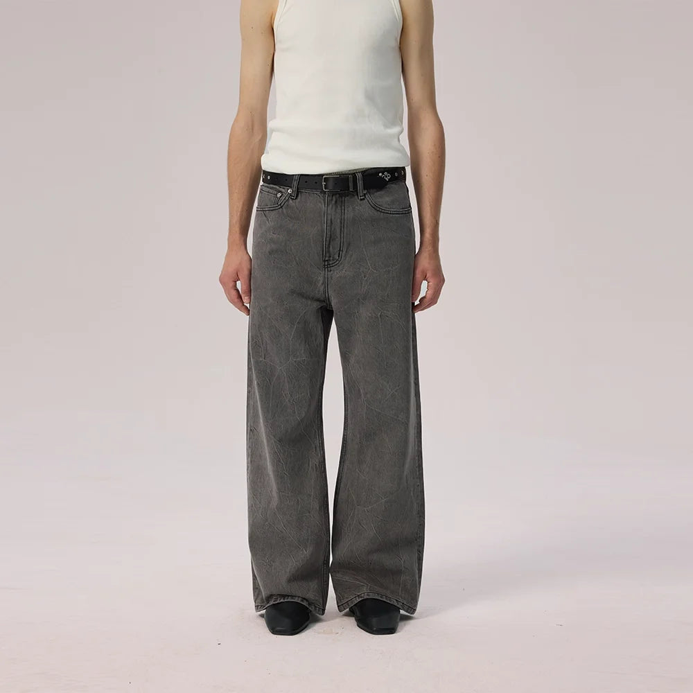 AFterTaste Smoke Grey Water Ripple Wide-Leg Jeans