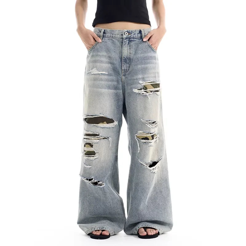 BLINDNOPLAN Women's Distressed Camouflage Patch Wide-Leg Jeans