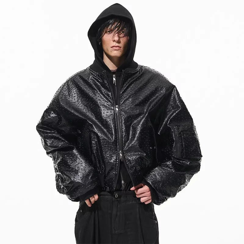BLINDNOPLAN Ostrich Pattern Faux Layered Hooded Bomber Jacket