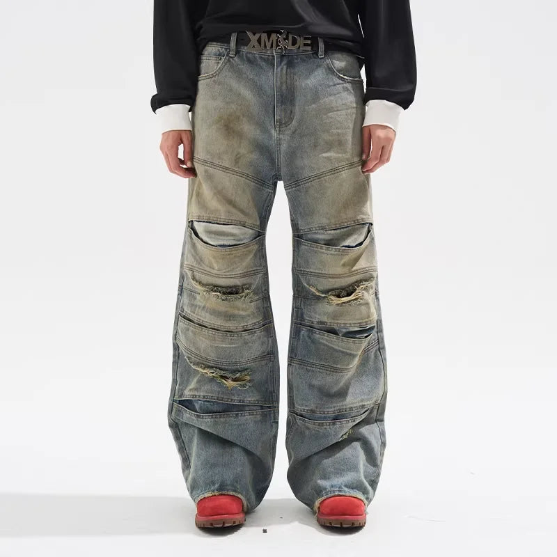BLINDNOPLAN Washed Distressed Loose Fit Panel Jeans
