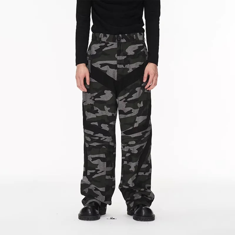 BLINDNOPLAN Men's Camouflage Patchwork Cargo Pants - Loose Fit, Pleated Design