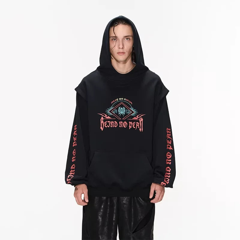 BLINDNOPLAN Men's Avant-Garde Graphic Hooded Sweatshirt - Fake Two-Piece Design
