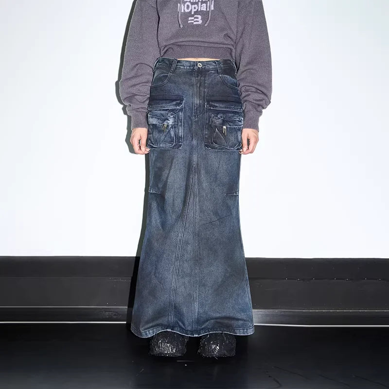 BLINDNOPLAN Slim Fit Denim Maxi Work Skirt with Utility Pockets