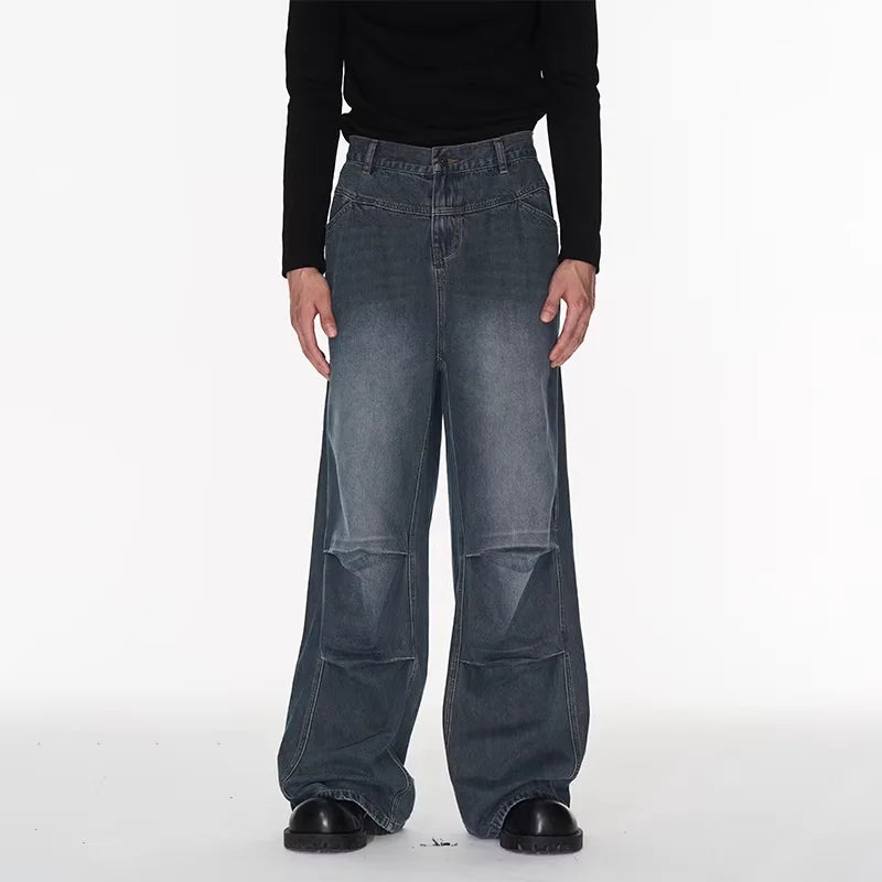 BLINDNOPLAN Distressed Pleated Wide-Leg Denim Jeans