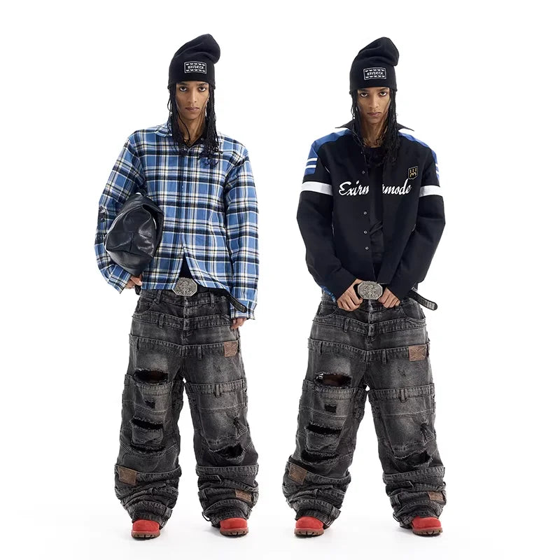 BLINDNOPLAN Reversible Plaid Shirt Jacket with Varsity Style