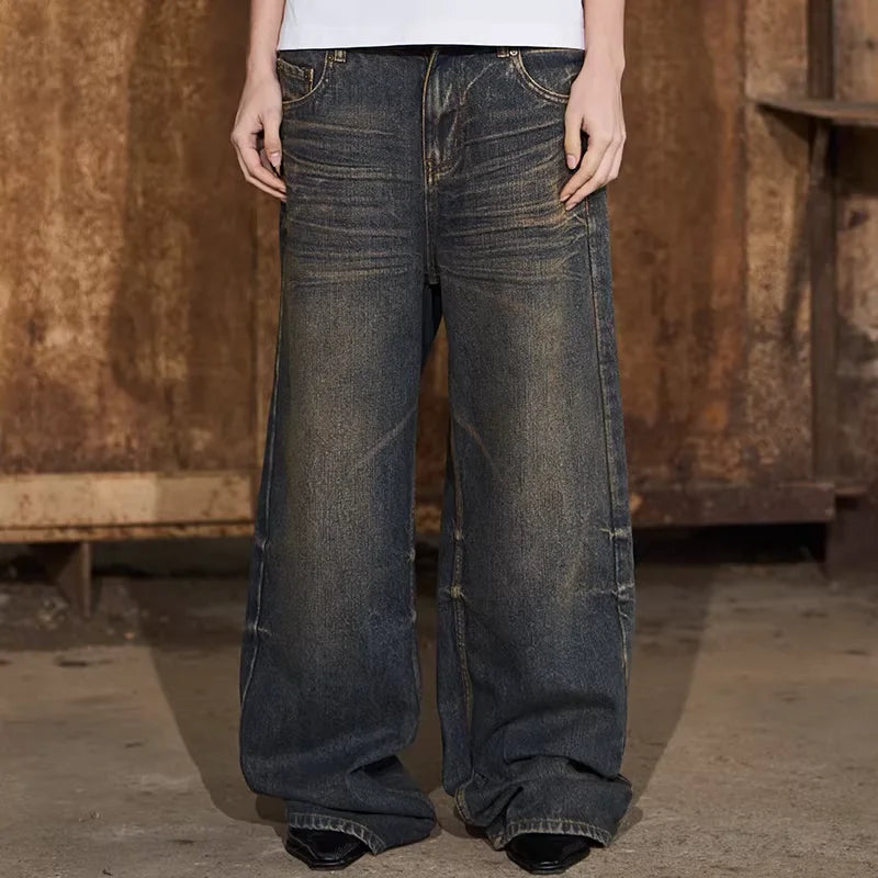 BLINDNOPLAN Yellow Mud-Dyed Distressed Pleated Loose Jeans