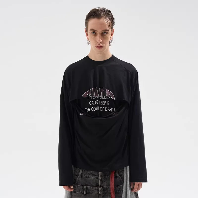 BLINDNOPLAN Double-Layer Distressed Long Sleeve T-Shirt - Black