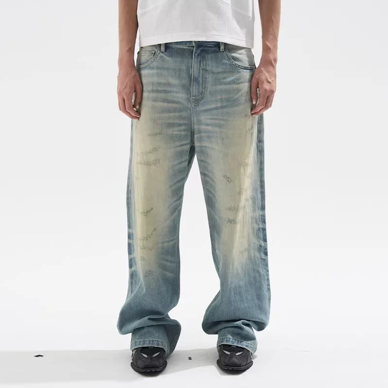 BLINDNOPLAN Whisker Washed Wide-Leg Distressed Denim Jeans